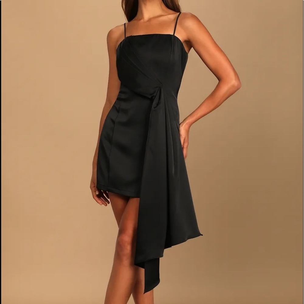 LULUS Black Satin Asymmetrical Mini Dress “Romantic Allure”